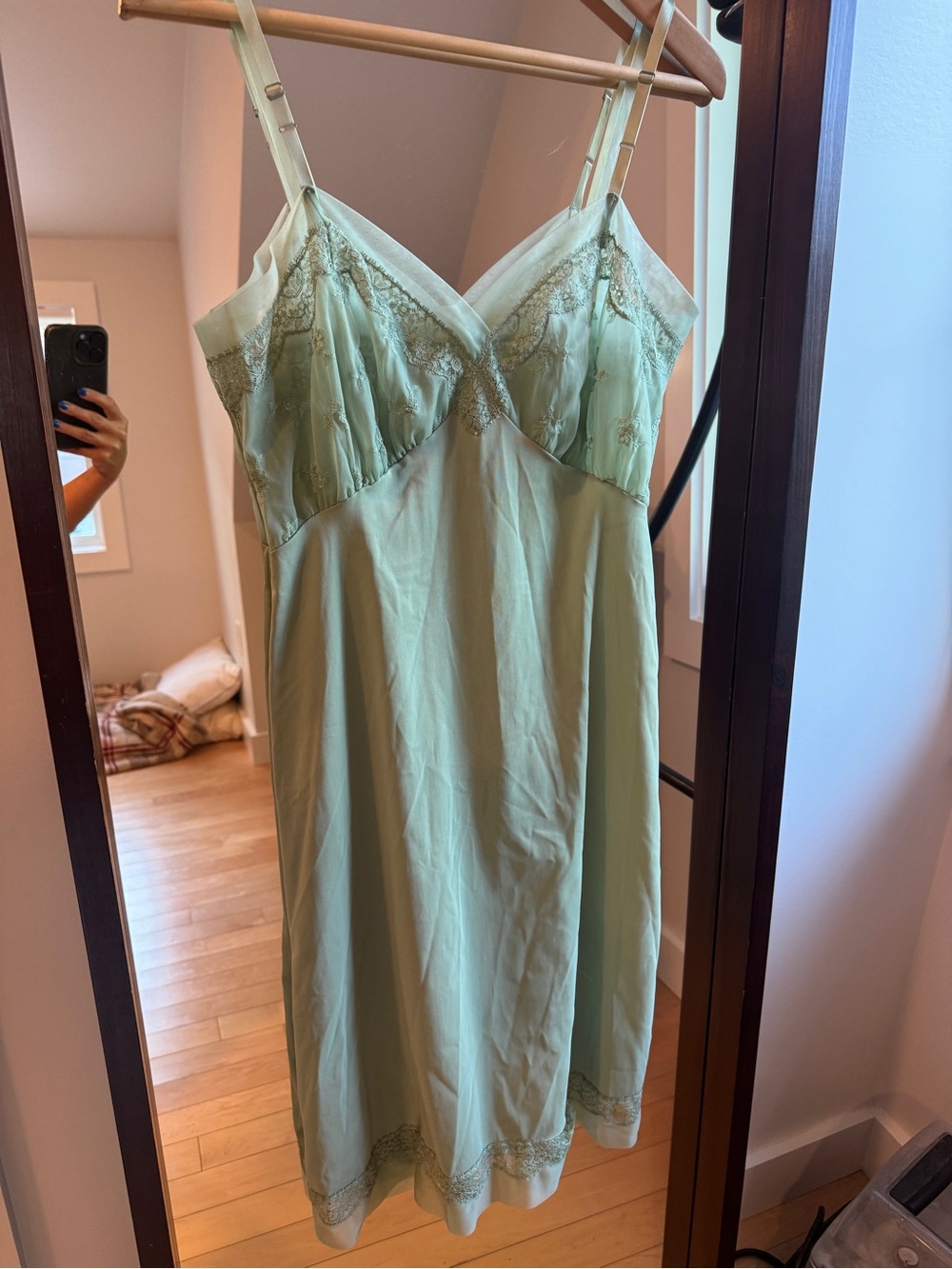 Vintage Light Green Lace-Trim Slip Dress